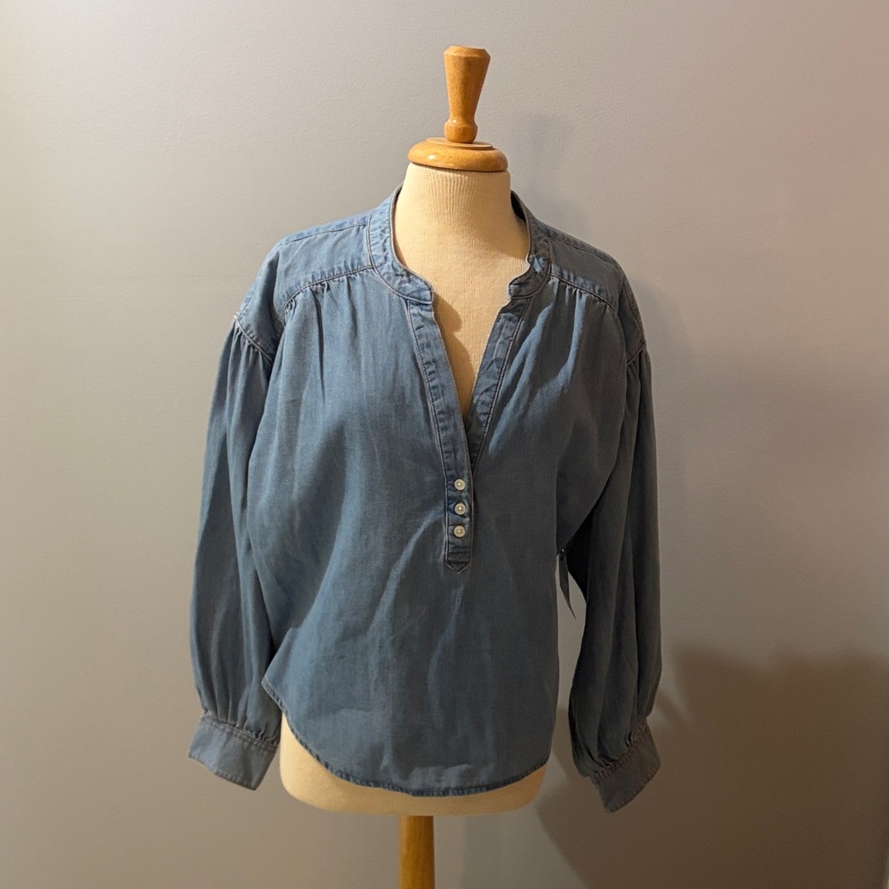 Time and Tru Denim-Blue Button Henley Peasant Blouse